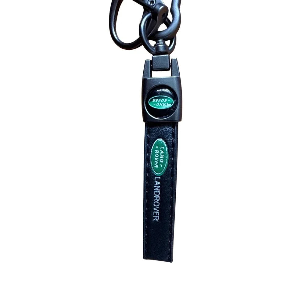 Land Rover Black Leather Keychain Carabiner Clip Green Logo Key Ring Accessory